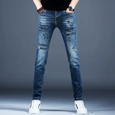 男士高端烫钻牛仔裤男款秋冬款2024新款深蓝色裤子潮流男小脚弹力图片