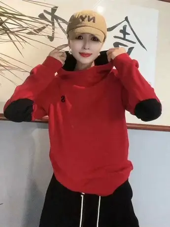 拼色连帽刺绣字母洋气显瘦套头卫衣秋冬新款长袖宽松遮肚显瘦打底图片