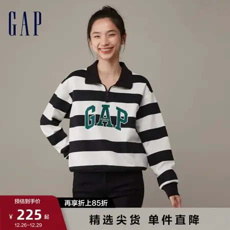 Gap女装早春LOGO宽松廓形条纹POLO衫高级时尚休闲长袖上衣841020图片