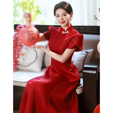 红色缎面敬酒服2023新款新娘高级感法式高端大气订婚礼服女夏季商品大图