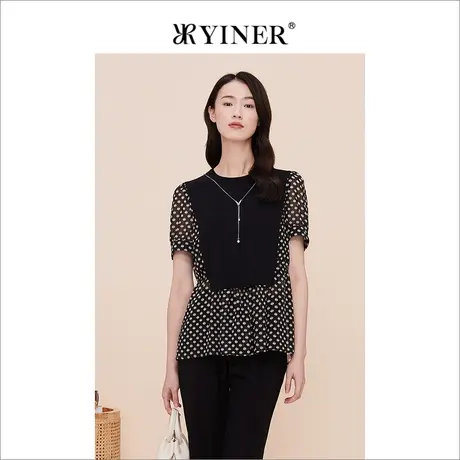 YINER音儿专选女装夏季金属饰链针织衫泡泡袖上衣商品大图
