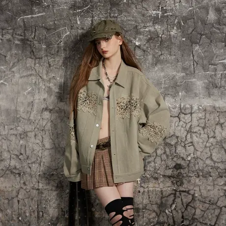 潮牌设计感镂空牛仔外套女春秋2024新款复古街头情侣宽松夹克上衣图片