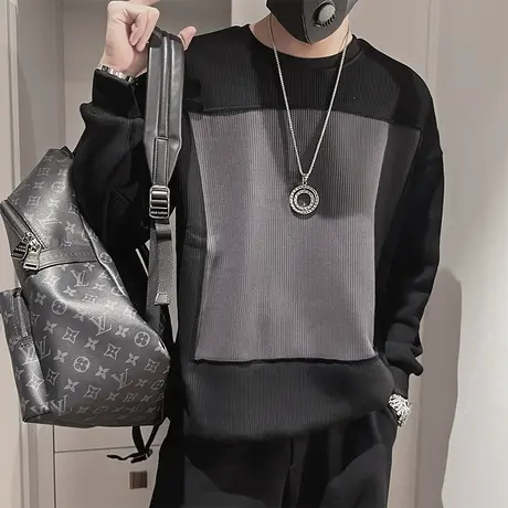 春季卫衣男2024新款撞色拼接设计感ins小众宽松休闲上衣长袖t恤衫图片