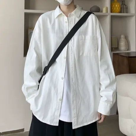 美式350G重磅纯棉长袖衬衫男春秋高级感休闲纯色内搭白色衬衣外套商品大图