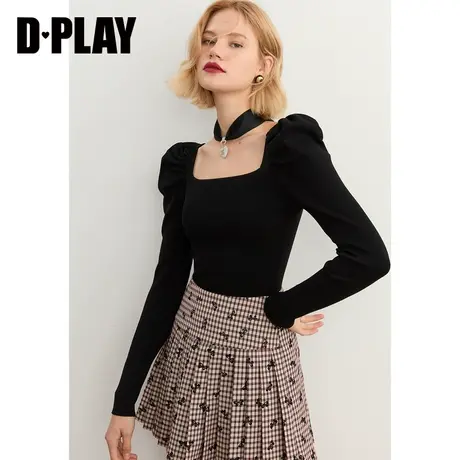 DPLAY秋新经典黑复古方领泡泡袖针织小衫简约长袖打底上衣图片