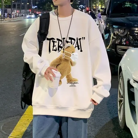 vintage宽松圆领秋冬季卫衣男潮ins美式复古小熊长袖潮牌套头上衣商品大图