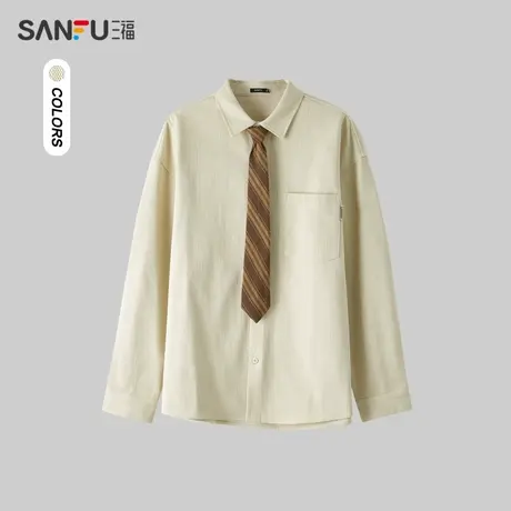 三福2024春季男士格纹领带纯棉长衬衫 休闲学院翻领上衣482381图片