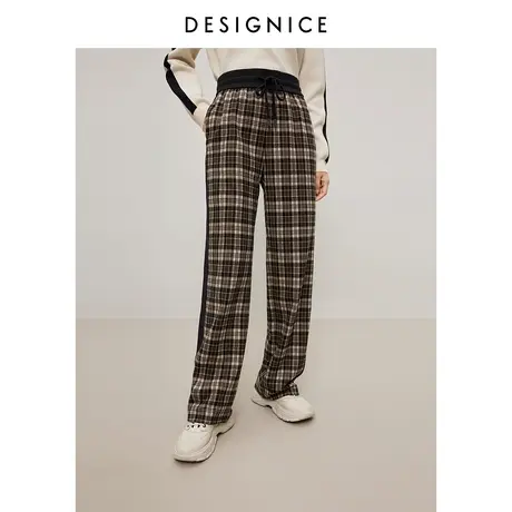 商场同款迪赛尼斯毛呢格子裤2023冬季新款垂感高腰阔腿裤休闲裤女商品大图