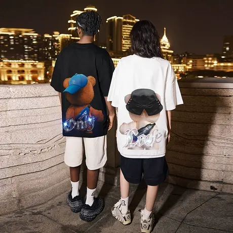 Nuthink情侣烫钻卡通小熊短袖T恤男女同款宽松潮流情侣装半袖夏季商品大图