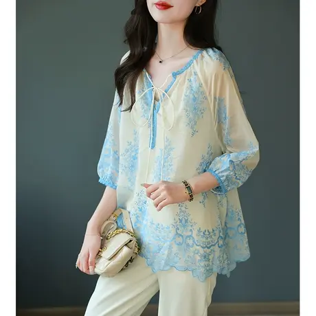 宝诗黎七分袖系带刺绣雪纺衫女2023春季气质减龄宽松衬衣新款上衣图片