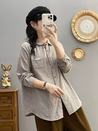 春秋新款韩版复古条纹长袖衬衫女中长款宽松显瘦休闲百搭叠穿上衣商品大图