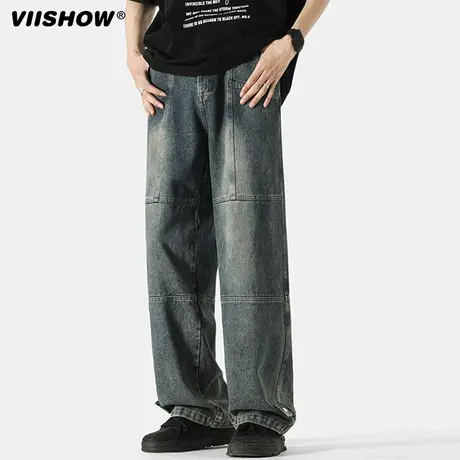VIISHOW复古牛仔裤男春季美式高街拼接直筒休闲长裤潮牌阔腿裤子商品大图
