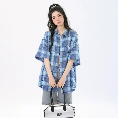 复古设计感毛边格子衬衫女春夏2024新款ins潮牌短袖衬衣宽松上衣图片