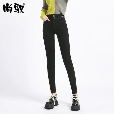 黑色弹力牛仔高腰小脚裤女紧密植绒保暖裤2023年冬新款显瘦铅笔裤图片