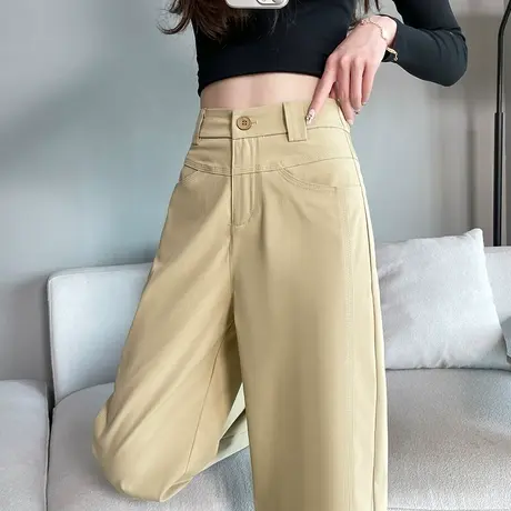 西装阔腿裤女春秋2024年新款高腰直筒宽松垂感显瘦卡其窄版休闲裤图片