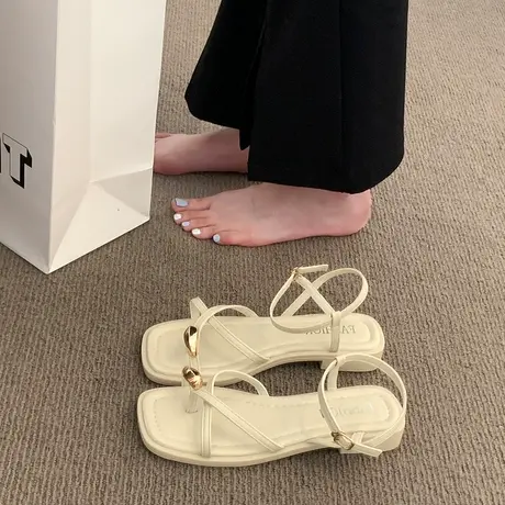 罗马凉鞋女2024年新款夏季低粗跟配裙子平底一字带套趾法式沙滩鞋商品大图