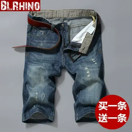 贝勒犀牛夏季薄款牛仔裤中裤男士五分裤青少年休闲裤个性破洞短裤商品大图