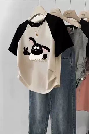 正肩女t恤夏季新款插肩袖修身短袖胖mm大码短款甜辣风ins潮牌上衣商品大图