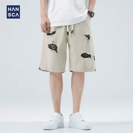 hansca美式高街破洞牛仔短裤男夏季薄款宽松直筒潮流撞色五分裤子商品大图