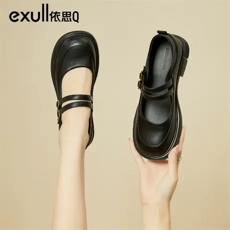 依思q黑色小皮鞋女春季2024新款丑萌玛丽珍女鞋子英伦风包头凉鞋商品大图