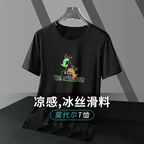 莫代尔冰丝t恤男士短袖速干凉感圆领黑色上衣服夏季潮流半袖体恤商品大图