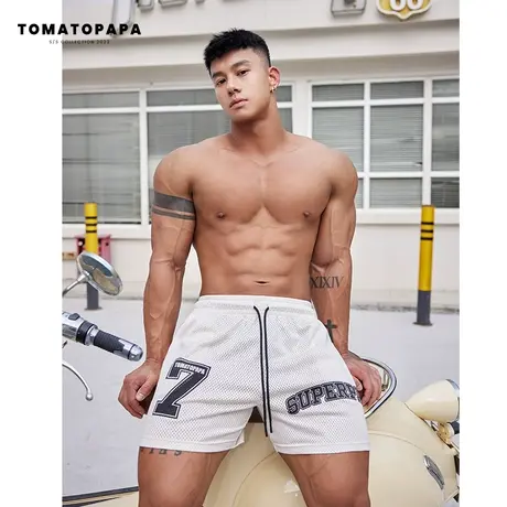 TOMATOPAPA原创短裤抽绳弹力潮牌印花篮球体育运动裤子透气四分裤商品大图