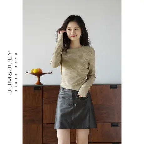 嘉茱莉2023秋季新款撞色褶皱长袖T恤女短款修身打底设计感内搭图片