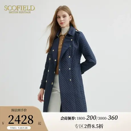 Scofield女装中长款菱形格珩缝棉服气质收腰加厚外套2023秋冬新款商品大图