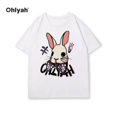 Ohlyah2023夏款卡通兔子印花宽松纯棉短袖T恤女百搭时尚潮牌上衣图片