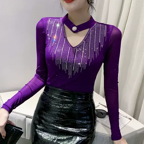 性感镂空T恤长袖欧货重工烫钻V领上衣内搭洋气质网纱打底衫女春秋图片