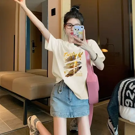 欧货大版圆领宽松女士t恤短袖纯棉2023新款大码中长款女装上衣夏商品大图