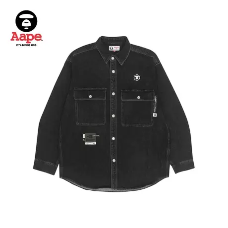 Aape旗舰店男装秋款猿颜纯色字母刺绣工装牛仔长袖衬衫8396XXI商品大图