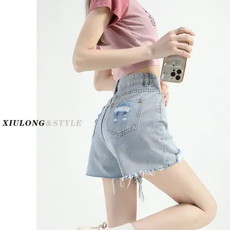 高腰破洞牛仔短裤女春秋季2023年新款辣妹毛边显瘦甜辣a字热裤子商品大图