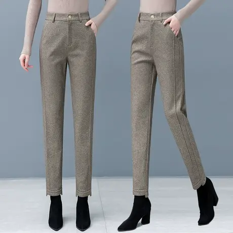 毛呢裤女冬季宽松直筒西裤2023春秋新款加绒女士小个子小脚烟管裤图片