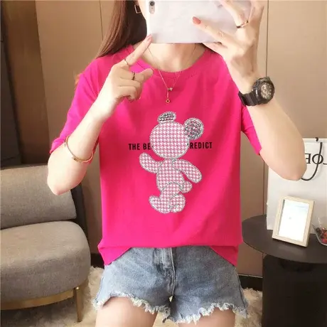白色纯棉短袖T恤女短款2023年夏季大码宽松圆领小熊印花粉色半袖商品大图