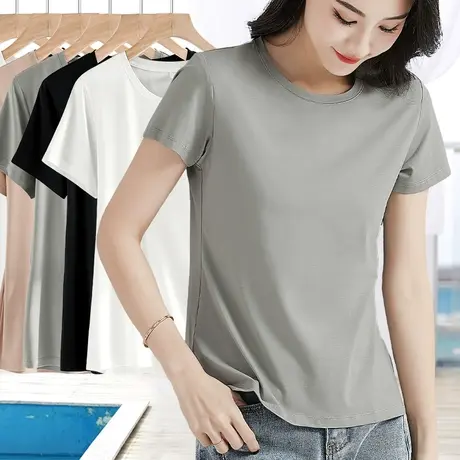 纯色休闲t恤女修身显瘦圆领薄款上衣2023年夏季新款简约百搭短袖商品大图
