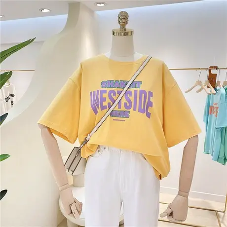 短袖t恤女夏季2021新款韩版ins潮复古字母宽松百搭显瘦港味上衣服商品大图