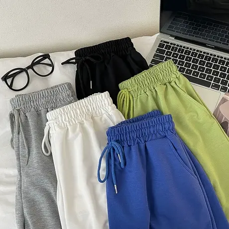纯色抽绳绑带松紧高腰休闲裤2023夏季新款女运动风宽松阔腿短裤子图片