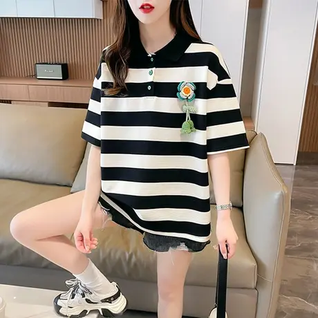 设计感小众娃娃领短袖t恤女夏季韩版宽松条纹polo领小个子上衣服商品大图