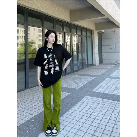 纯棉重磅设计感兔子印花短袖t恤女2023夏季高街ins潮牌宽松上衣商品大图