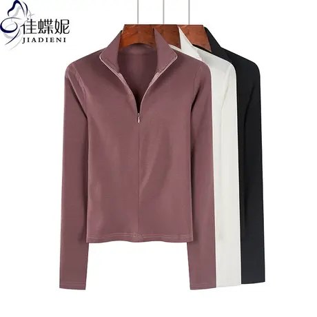 早春季Polo翻领套头拉链奥代尔纯棉T恤打底衫上衣短款高腰长袖图片