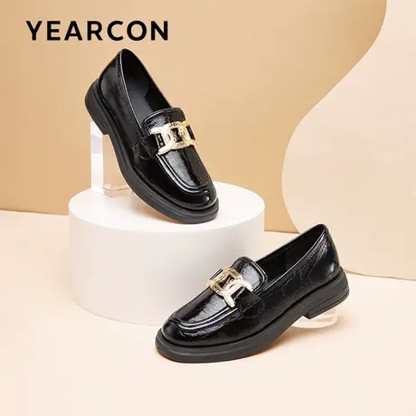 意尔康2023新款一脚蹬真皮玛丽珍鞋女厚底金属扣英伦黑色小皮鞋女商品大图