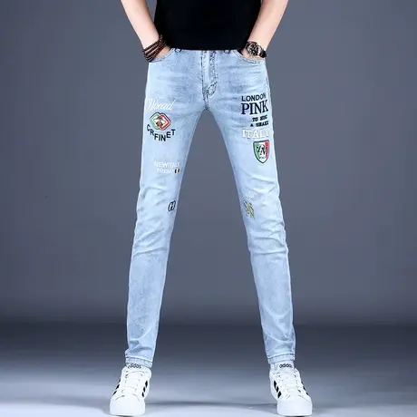 男士浅蓝色刺绣牛仔裤男款夏季男裤修身小脚高端潮牌裤子2023新款商品大图
