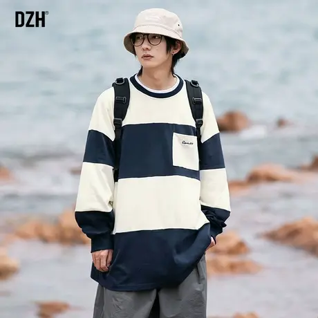 青少年条纹长袖t恤男纯棉潮流2023年新款宽松圆领上衣春秋打底衫商品大图