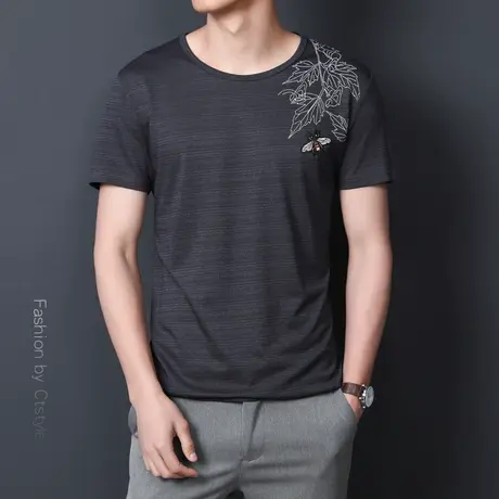 短袖男t恤夏季新款刺绣圆领修身时尚半袖体恤衫男宽松大码上衣薄商品大图