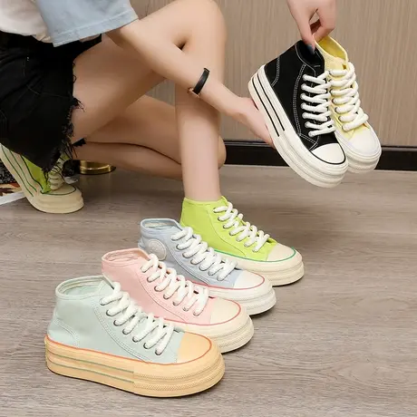 板鞋夏款多巴胺女鞋厚底休闲小白鞋小众百搭ins潮高帮透气帆布鞋商品大图
