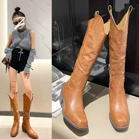 爆款棕色靴子复古长靴西部牛仔靴女V口刺绣骑士靴长筒靴2023新款图片