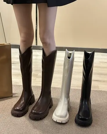 v口长靴女不过膝2023年新款春秋季厚底显瘦白色小个子高筒骑士靴图片
