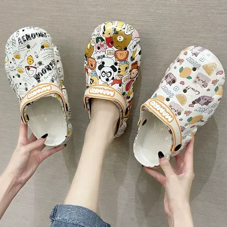 洞洞鞋女外出夏天ins时尚小动物涂鸦踩屎感包头厚底沙滩包头凉拖商品大图