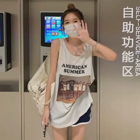 美式复古纯棉吊带运动坎肩背心无袖t恤女夏季外穿宽松篮球服上衣图片